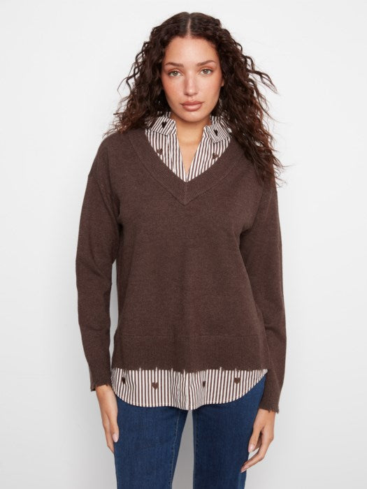 V-Neck Fooler Sweater With Embroidered Shirt Collar (C2568RP464A)