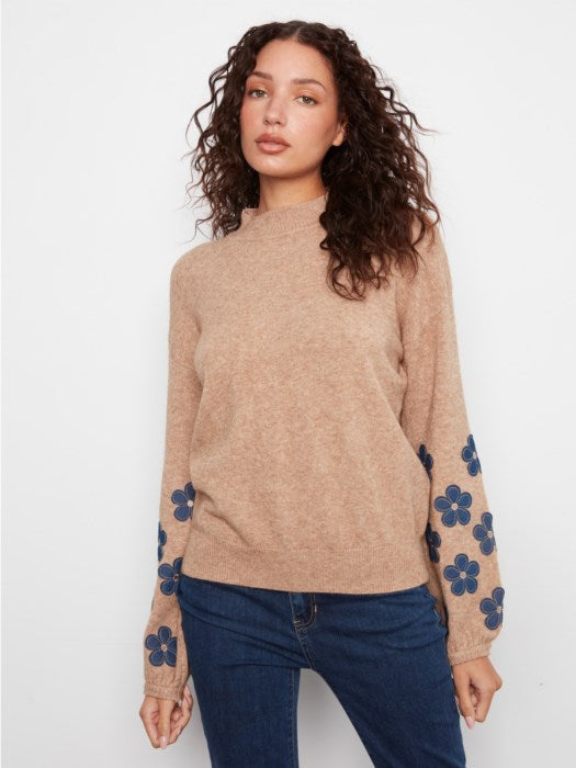 Mock Neck Sweater with Floral Patches (C2689RD736A)