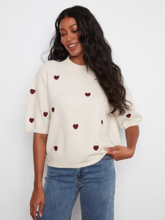 Embroidered Heart Balloon Elbow Sleeve Knit Sweater (C2858E707C)