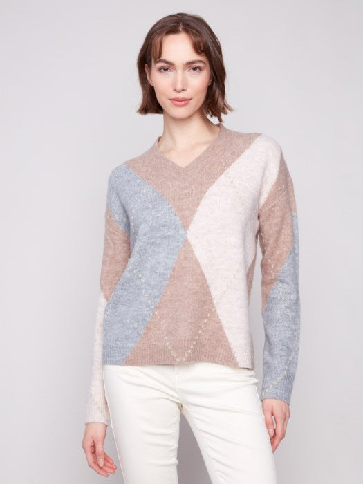 V-Neck Argyle Jacquard Sweater (C2863)