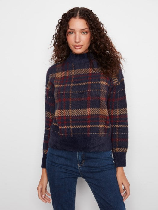 Plaid Eyelash Mock Neck Sweater (C2910QR457C)