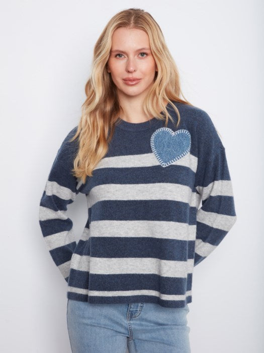 Striped Crew Neck Sweater with Heart Patch (C2990018C)