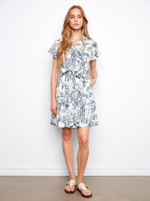 Linen Blend Short Sleeve Button-Front Dress (C3163RR229B)