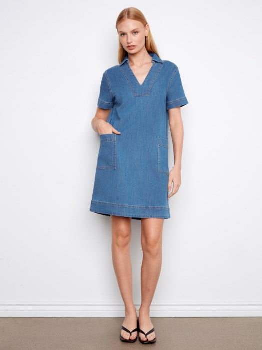 Collared V-Neck Denim Mini Dress (C3229519C)
