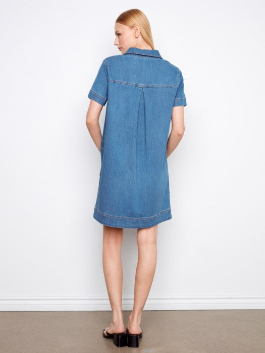 Collared V-Neck Denim Mini Dress (C3229519C)
