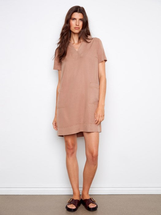 Collared V-Neck Tencel Mini Dress (C3229589C)