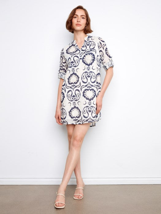 Printed Cotton Blend Henley Shirt Dress (C3253)