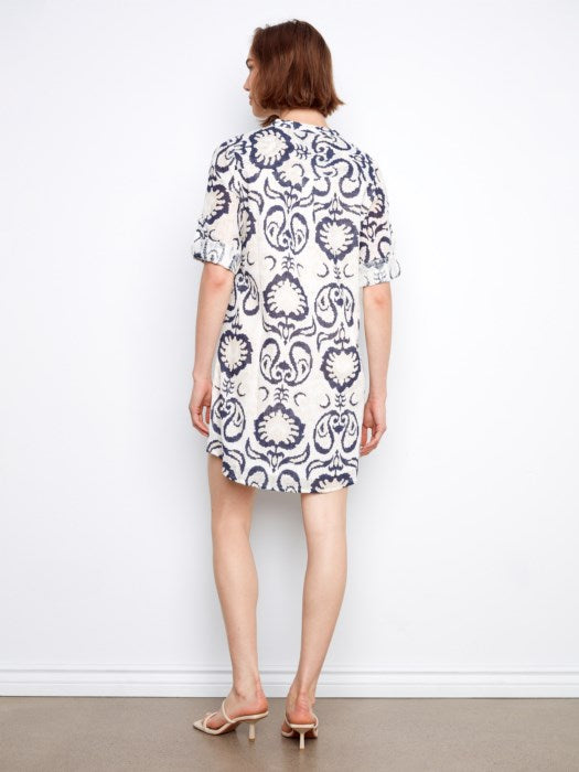 Printed Cotton Blend Henley Shirt Dress (C3253)