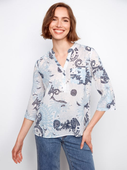 Printed Cotton Blend Half-Button Blouse (C4188AR)