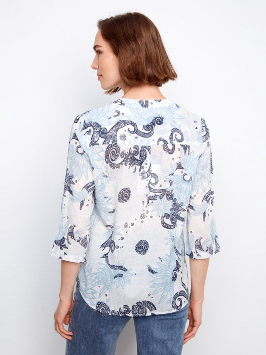 Printed Cotton Blend Half-Button Blouse (C4188AR)