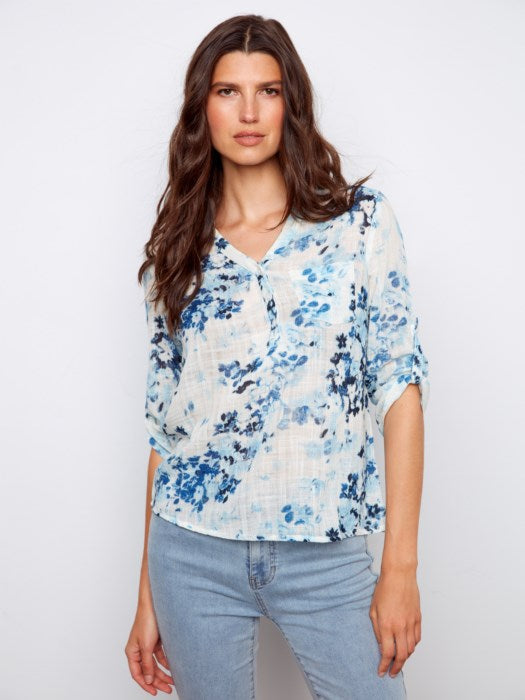 Printed Cotton Gauze Half-Button Blouse (C4188DR274C)