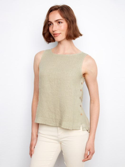 Sleeveless Linen Top With Side Buttons (C4425TR)