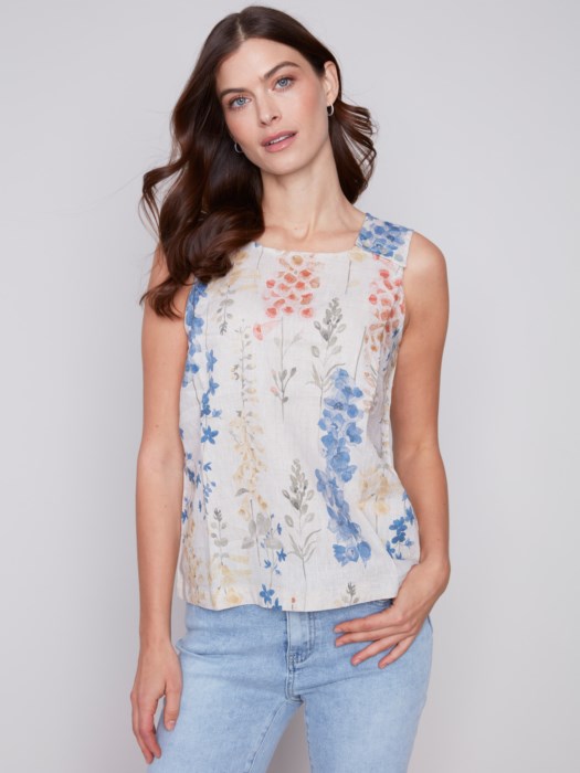 Printed Sleeveless Linen Top with Button Detail (C4544P)