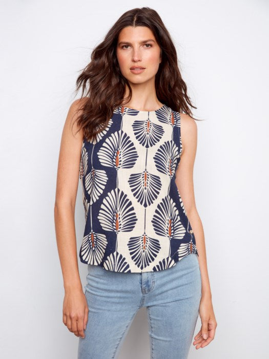 Printed Sleeveless Linen Blend Blouse (C4588R)