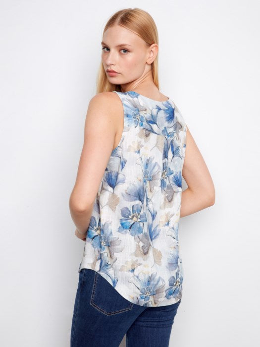 Printed Sleeveless Linen Blend Blouse (C4588R)
