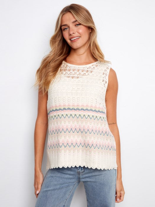 Striped Sleeveless Crochet Cotton Blend Top (C4610B)