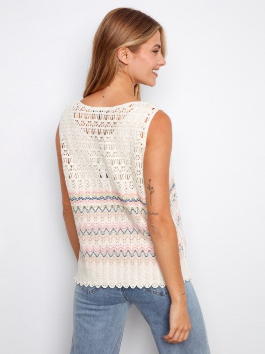 Striped Sleeveless Crochet Cotton Blend Top (C4610B)