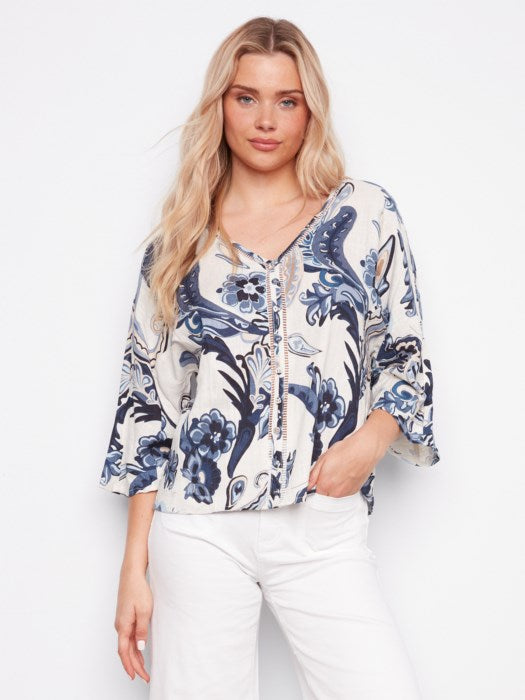 Printed Linen Blend Blouse With Front Button Detail (C4650)