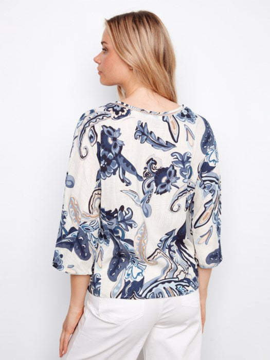 Printed Linen Blend Blouse With Front Button Detail (C4650)