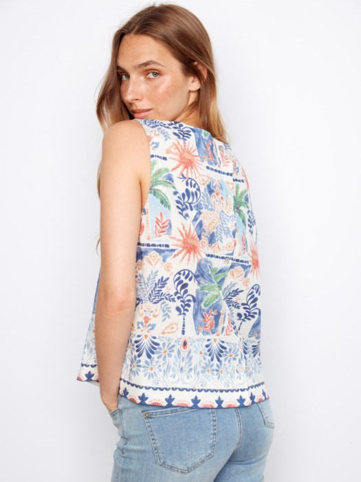 Printed Linen Blend Blouse With Back Button Detail (C4653B)