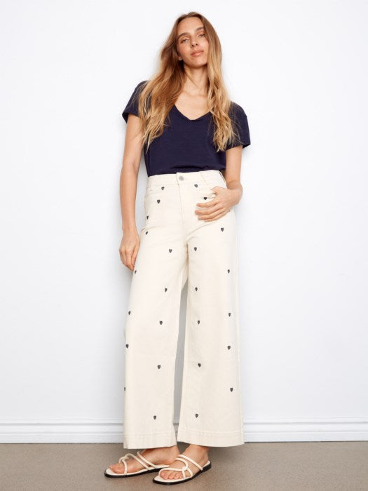 Embroidered Cropped Patch Pocket Flare Twill Pants (C5538E)