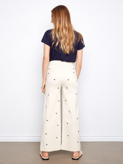 Embroidered Cropped Patch Pocket Flare Twill Pants (C5538E)