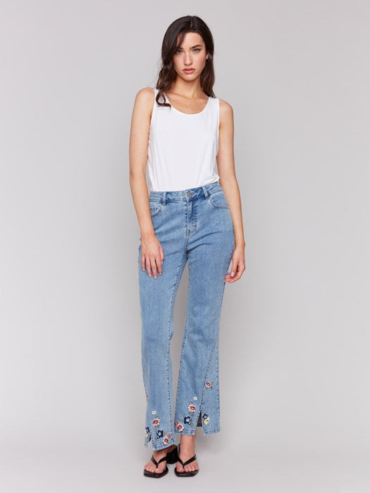 Floral Embroidered Bootcut Jeans with Front Slits (C5653431A)