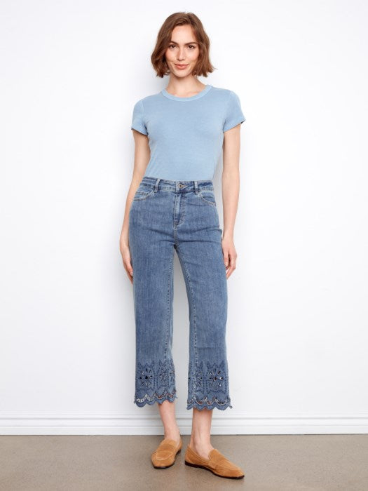Wide Leg Jeans With Scalloped Eyelet Hem (C5729)