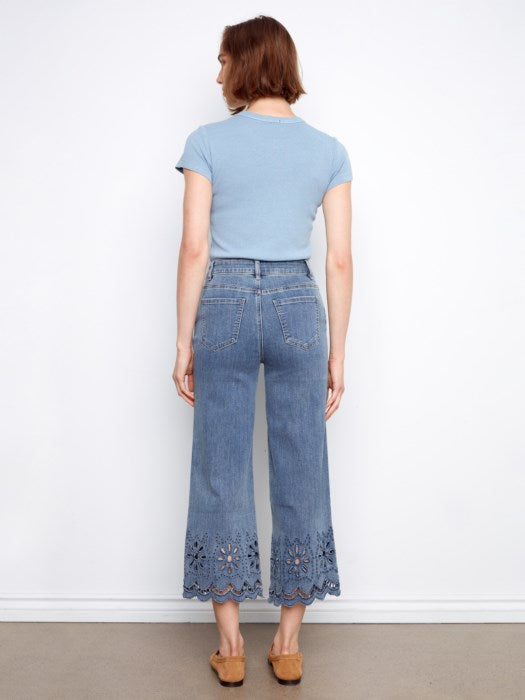 Wide Leg Jeans With Scalloped Eyelet Hem (C5729)