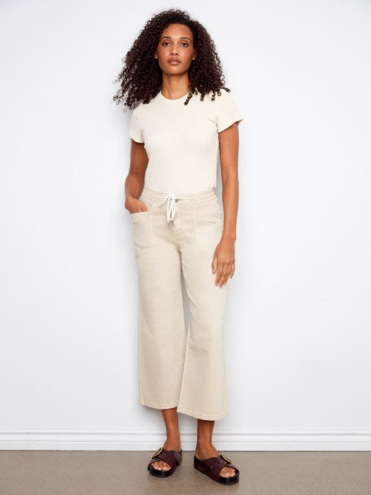 Drawstring Wide Leg Twill Pants (C5738)