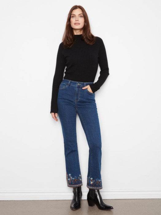 Flare Leg Denim Pants with Embroidery (C5789431A)