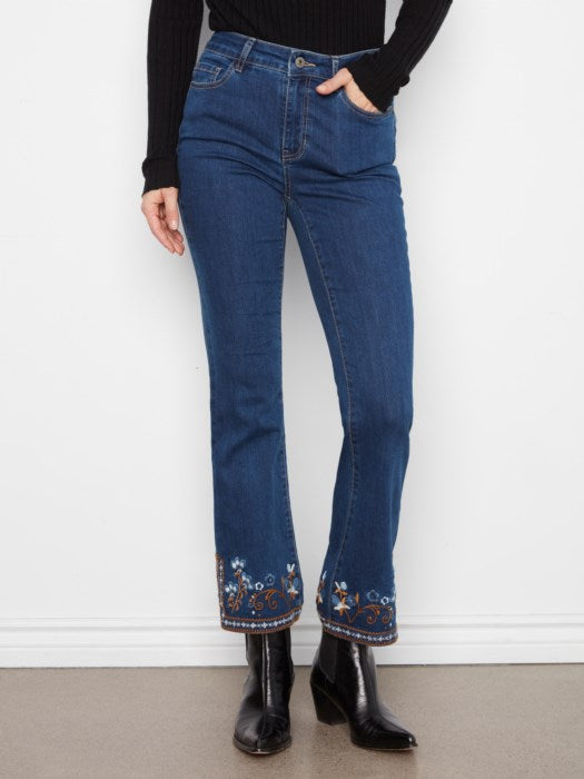 Flare Leg Denim Pants with Embroidery (C5789431A)