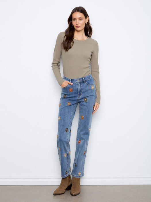 Straight Leg Jeans with Floral Embroidery (C5821)