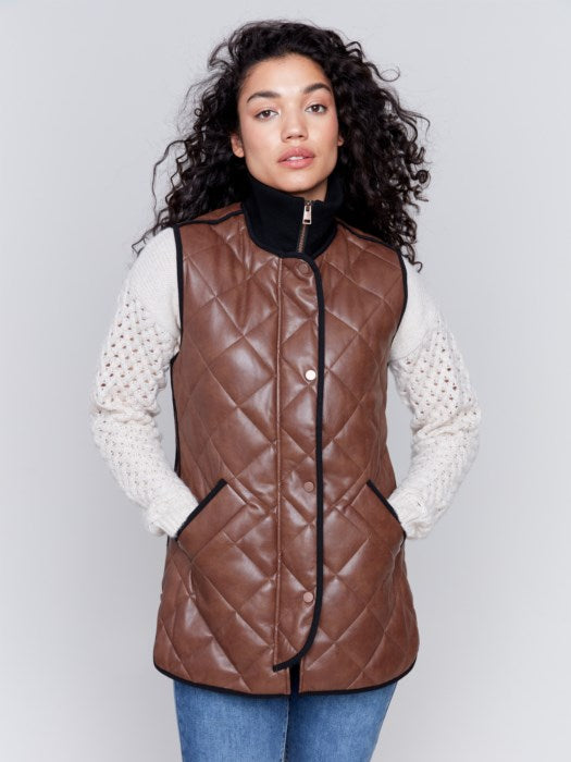Long Quilted Faux Leather Vest (C6321945B)
