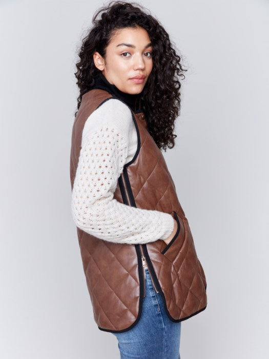 Long Quilted Faux Leather Vest (C6321945B)