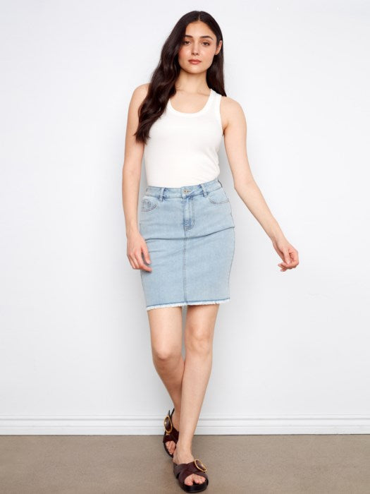 Stretch Denim Skort with Frayed Hem (C7042TT)