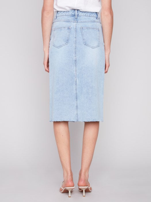 Denim Midi Skirt with Frayed Hem (C7069)