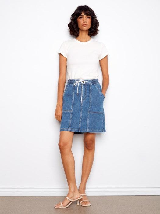 Drawstring Denim Skort With Patch Pockets (C7092)