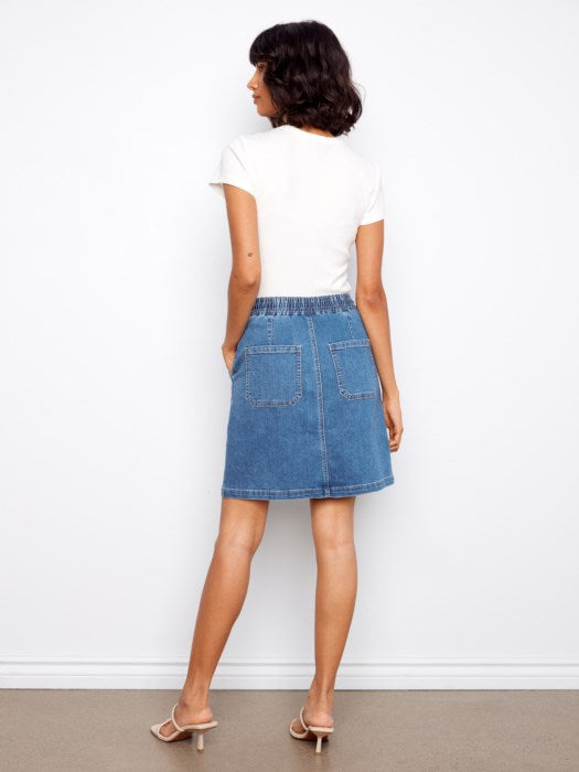 Drawstring Denim Skort With Patch Pockets (C7092)