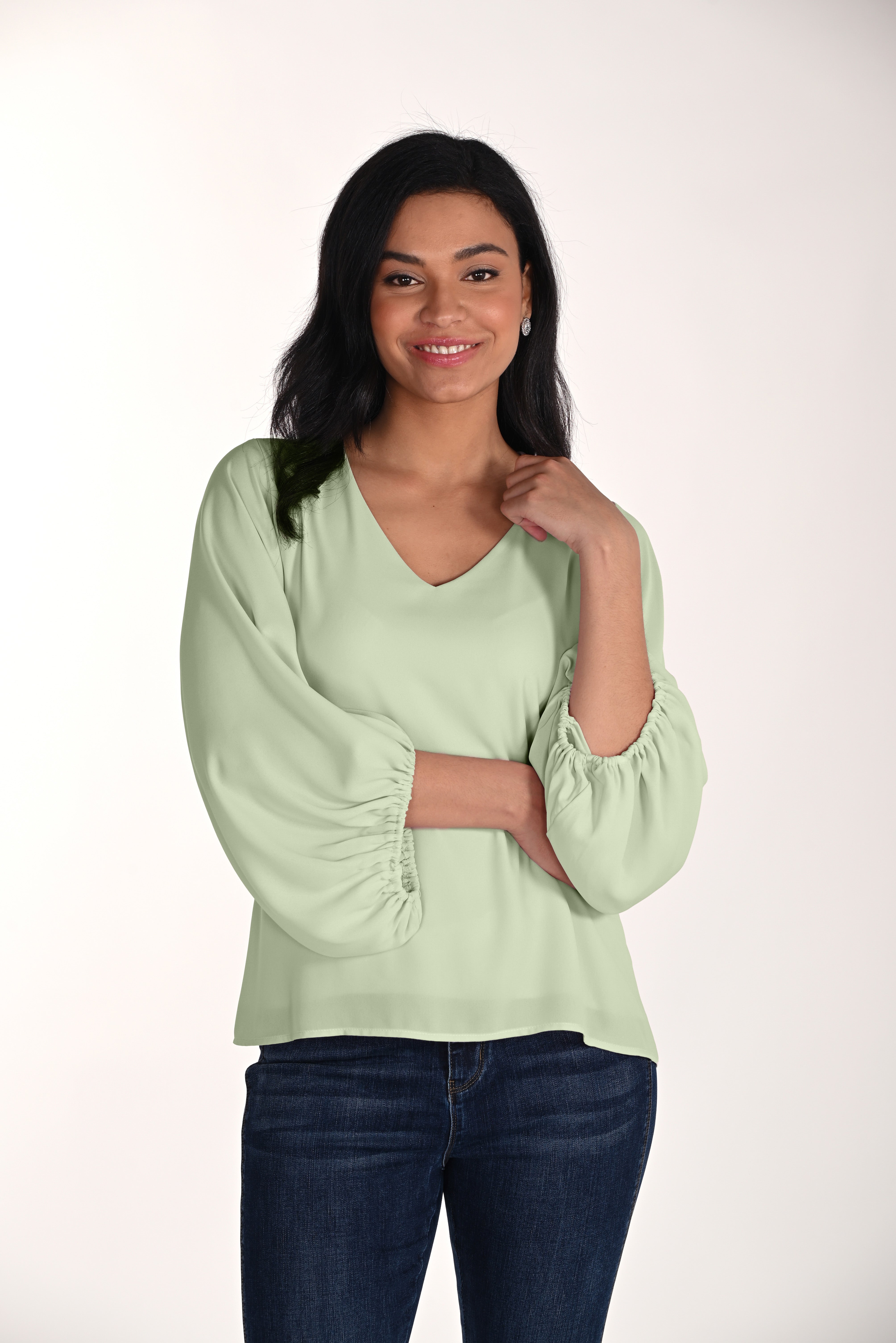 V Neck Balloon Sleeve Top (266252)