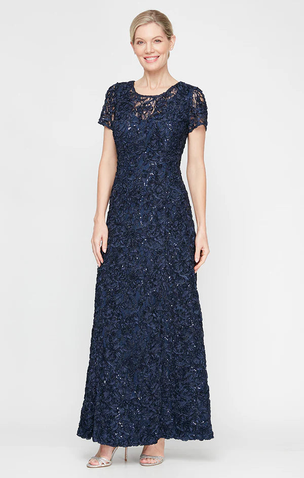 Soutache Sequin Lace A-Line Dress with Short Sleeves and Illusion Neckline (AE0071)