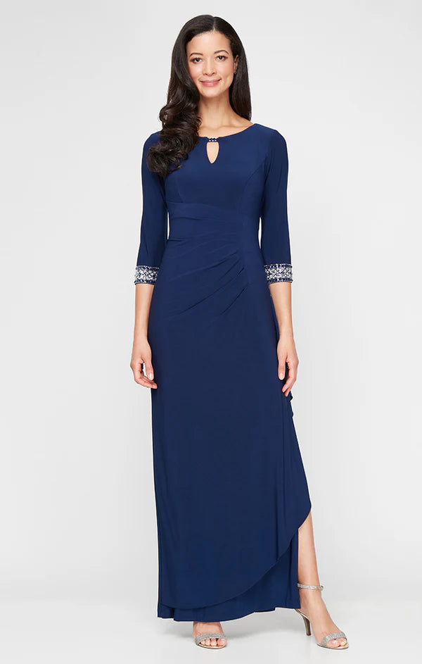 Long A-Line Dress with Side Ruched Cascade Skirt (AE0010)