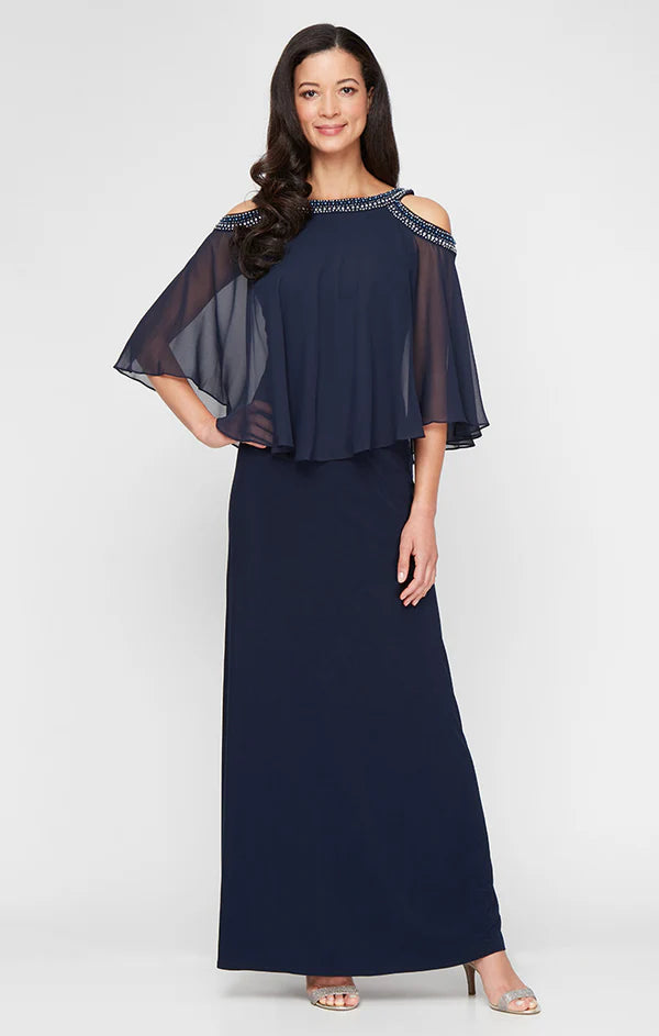 Cold Shoulder Popover Jersey & Chiffon Gown with Beaded Neckline (AE0002)