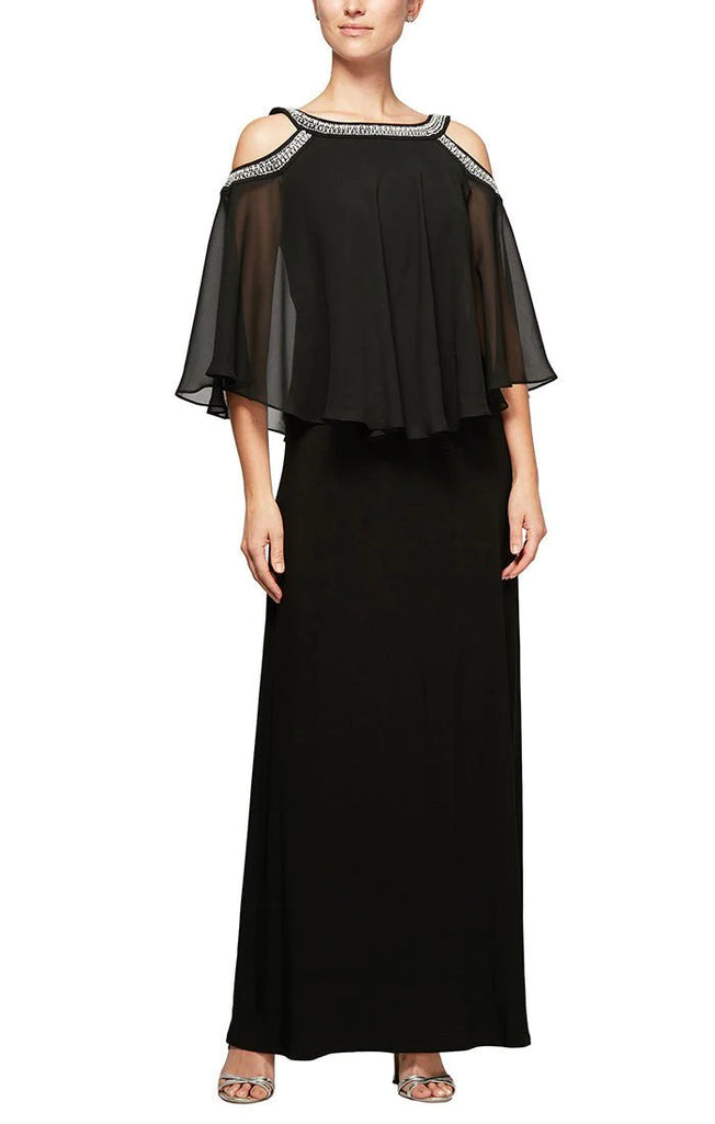 Cold Shoulder Popover Jersey & Chiffon Gown with Beaded Neckline (AE0002)