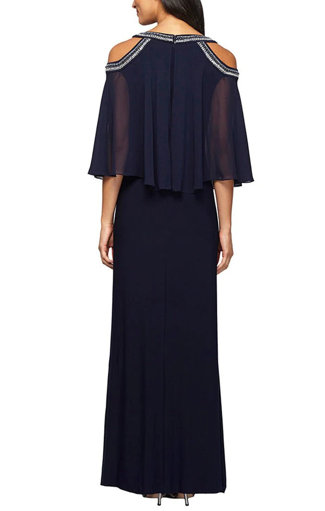 Cold Shoulder Popover Jersey & Chiffon Gown with Beaded Neckline (AE0002)