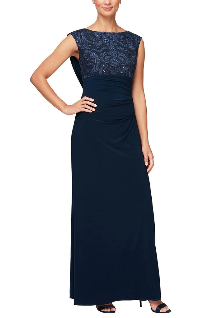 Cap Sleeve Empire Waist Dress with Matte Jersey Body and Cowl Back Detail with an Embroidered Sequin Lace Bodice (AE0004)