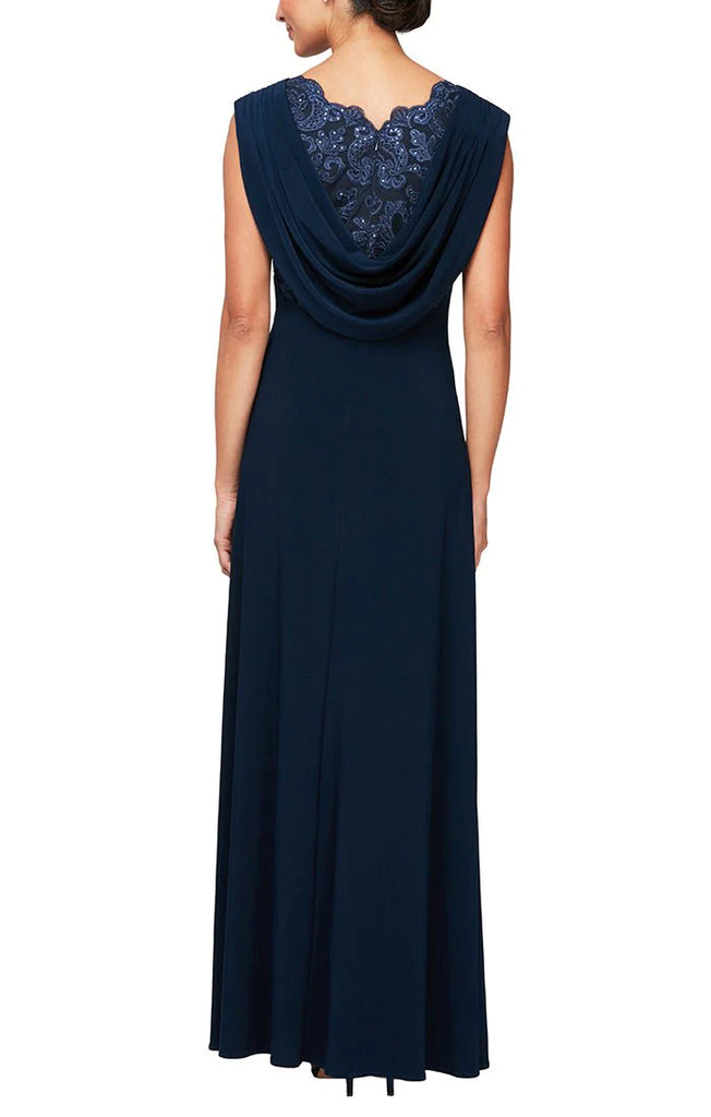 Cap Sleeve Empire Waist Dress with Matte Jersey Body and Cowl Back Detail with an Embroidered Sequin Lace Bodice (AE0004)